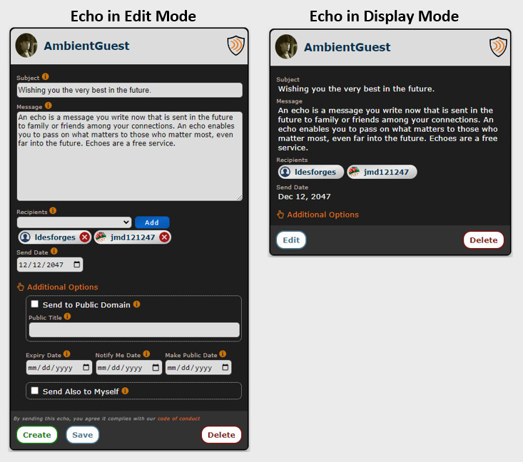 what an echo looks like in edit mode and in display mode